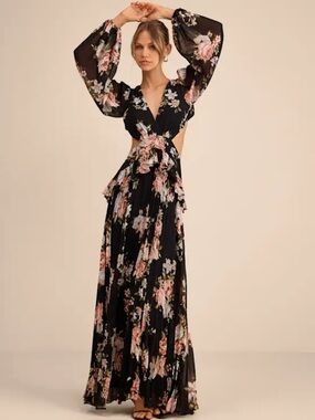 LULUS Chaelyn Black Floral Long Sleeve Cutout Maxi Dress NWT SIZE XL